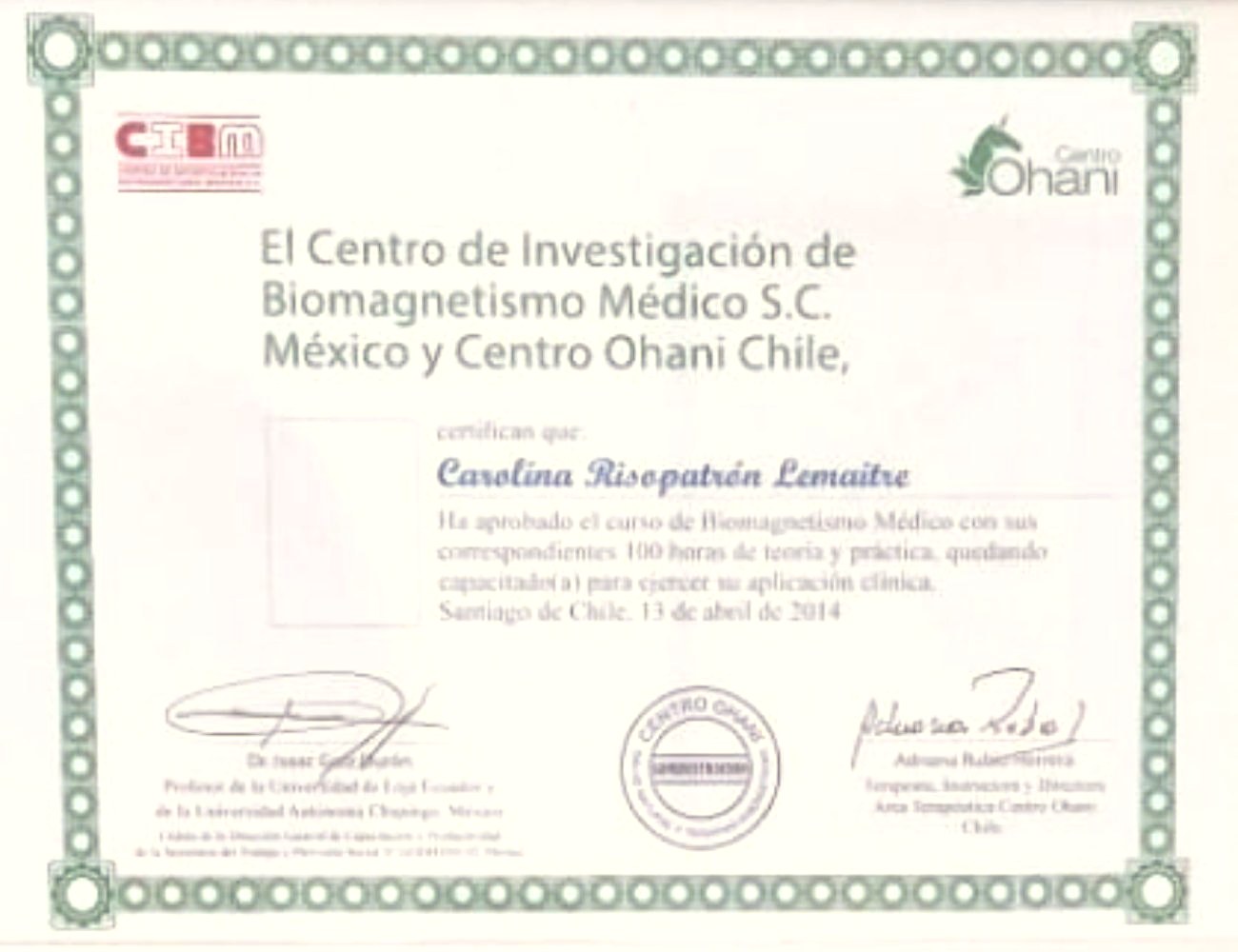 Certificado de Biomagnetismo Médico de Carolina Risopatrón, 2014