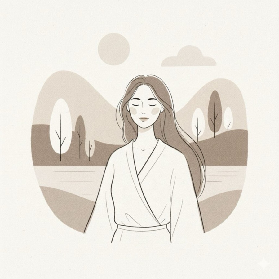 Ilustración de una mujer en calma frente a un paisaje sereno