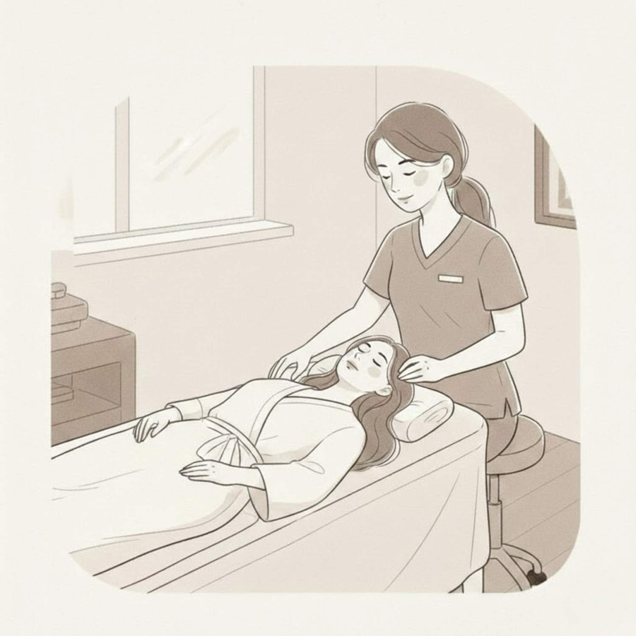 Ilustración de una terapeuta acompañando a una paciente recostada durante la sesión